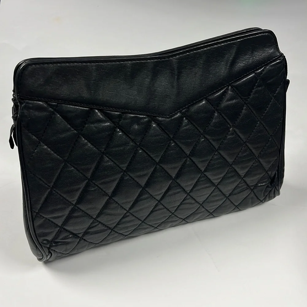 Linea Gani Vintage Quilted Leather Ziptop Clutch Bag